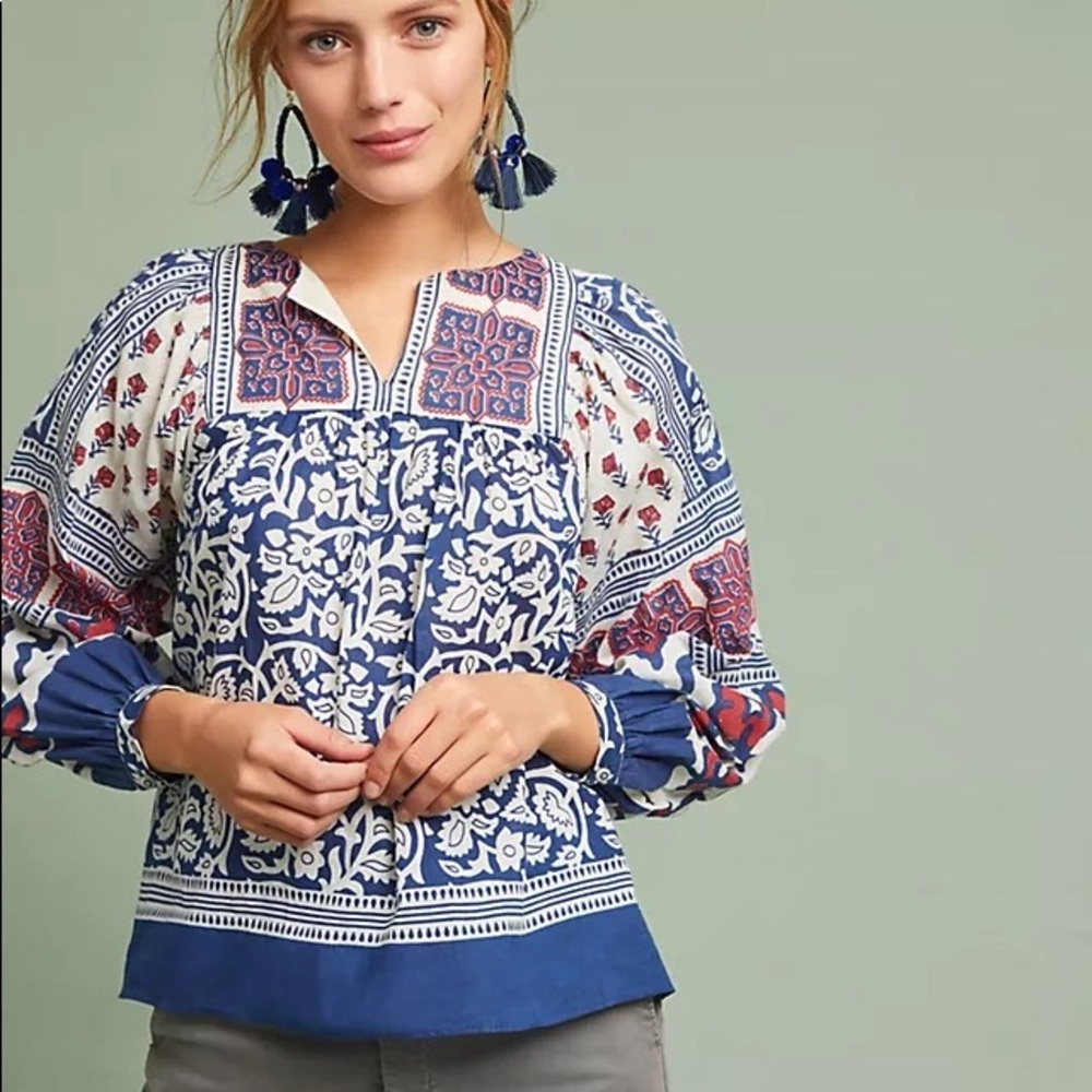Anthropologie Blue White Red Printed Peasant Blouse